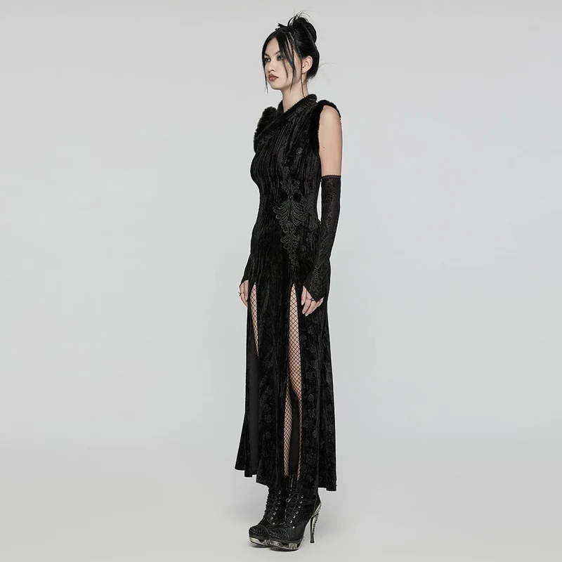 Gothic-Ballkleid aus geprägtem Samt mit Schlitz und Ärmelschonern für Damen