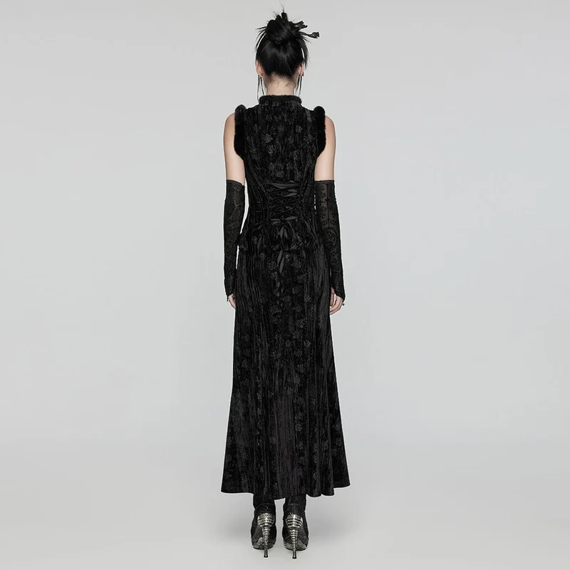 Gothic-Ballkleid aus geprägtem Samt mit Schlitz und Ärmelschonern für Damen