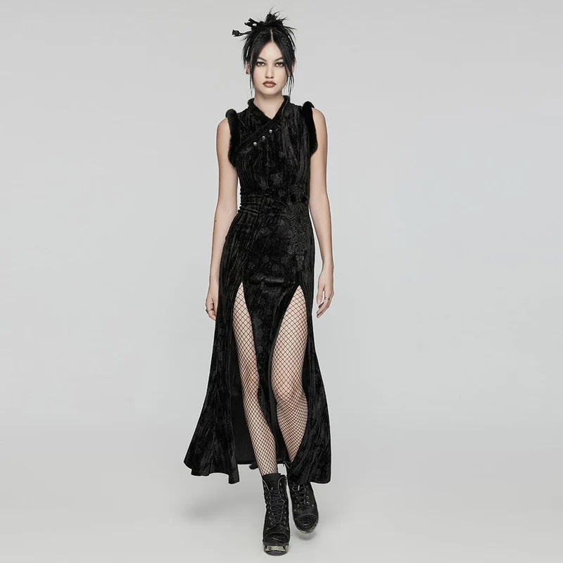 Gothic-Ballkleid aus geprägtem Samt mit Schlitz und Ärmelschonern für Damen