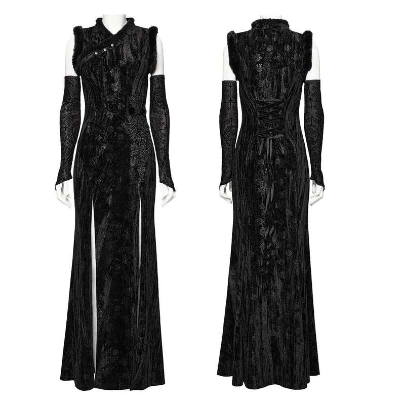 Gothic-Ballkleid aus geprägtem Samt mit Schlitz und Ärmelschonern für Damen