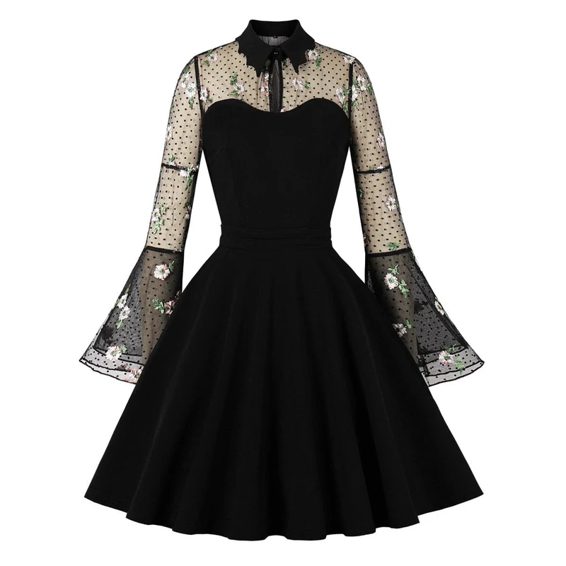 Abendkleid im Gothic-Stil für Damen mit Blumenstickerei und ausgestellten Ärmeln