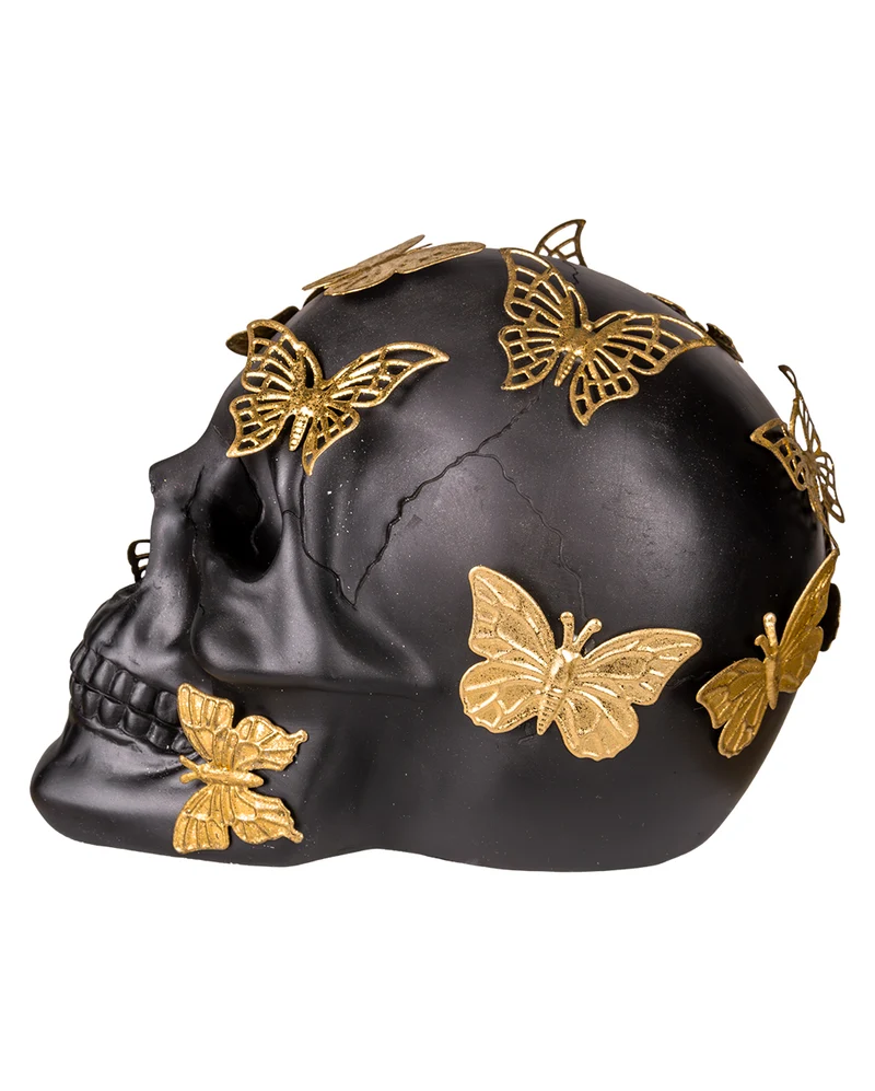 Schwarzer Totenschädel mit goldenen Schmetterlingen 19cm