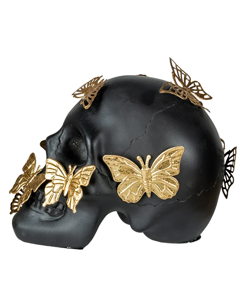 Schwarzer Totenkopf mit goldenen Schmetterlingen 15,5cm