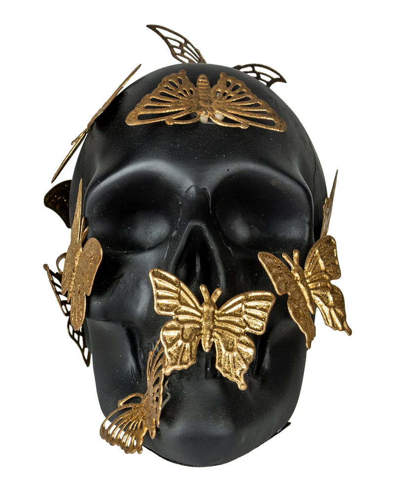 Schwarzer Totenkopf mit goldenen Schmetterlingen 15,5cm