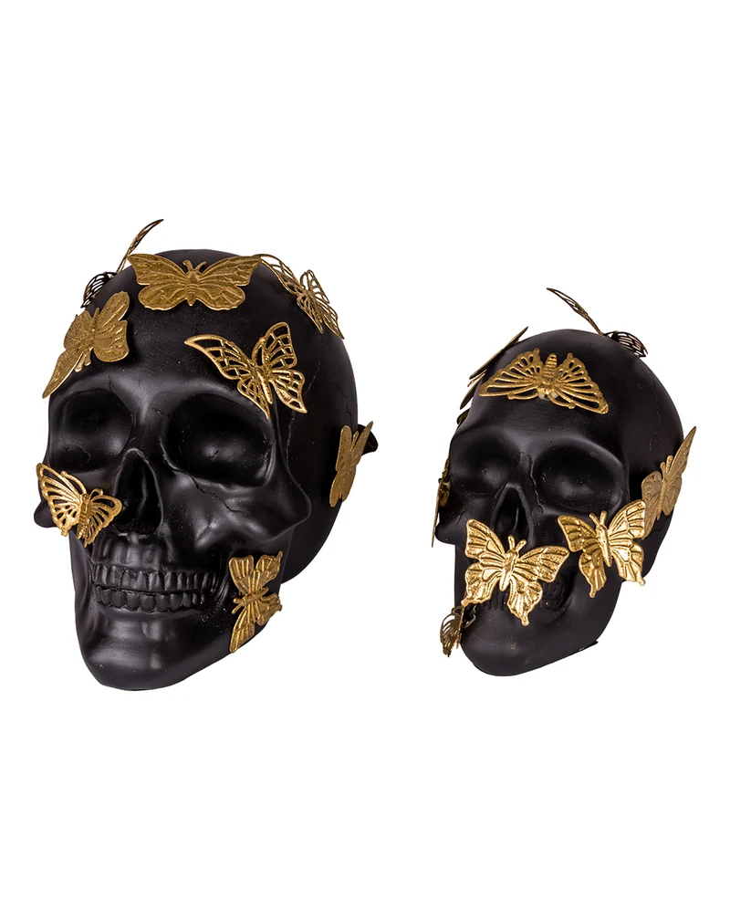 Schwarzer Totenkopf mit goldenen Schmetterlingen 15,5cm