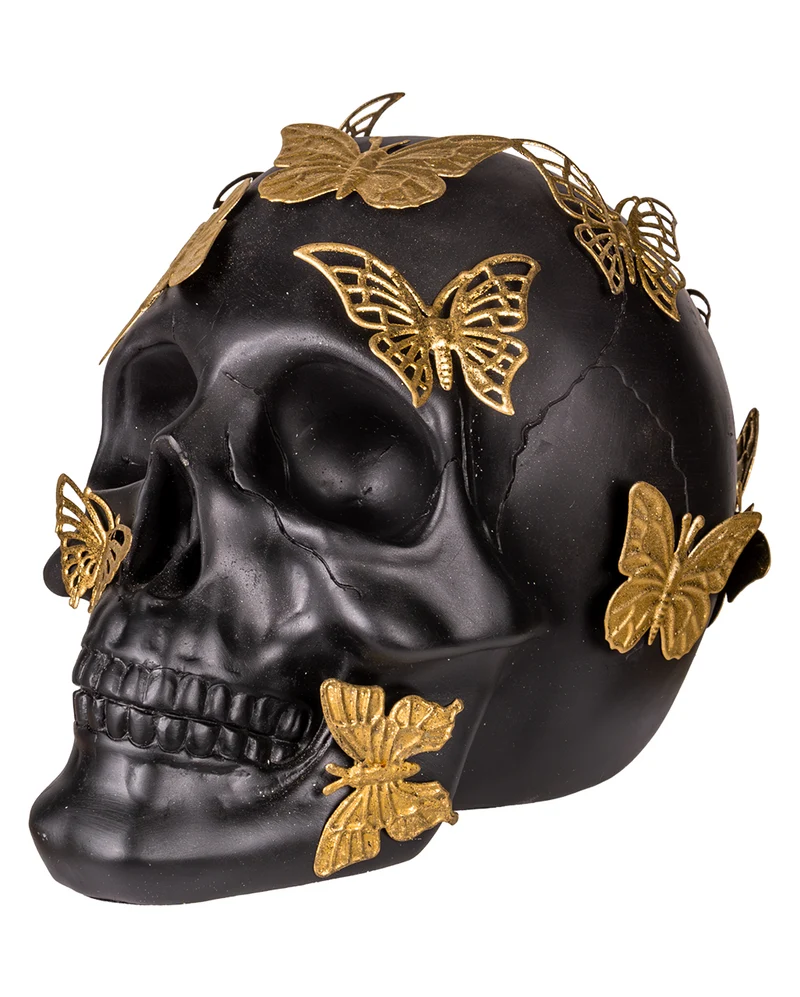Schwarzer Totenkopf mit goldenen Schmetterlingen 19cm