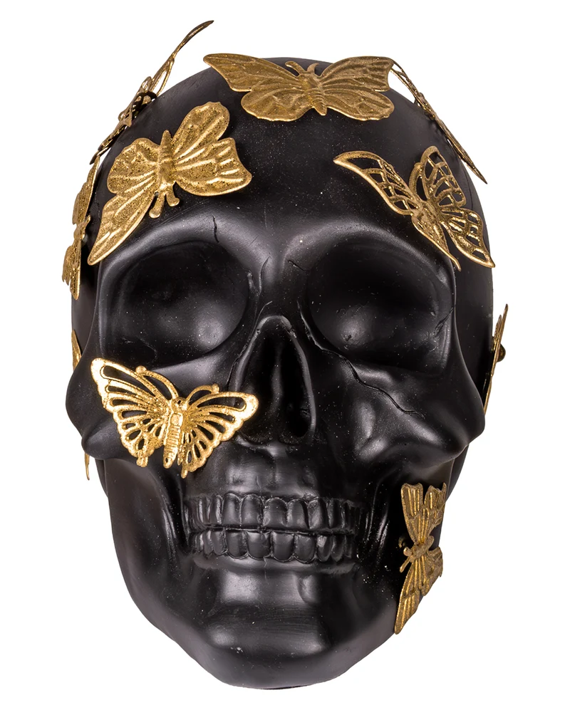 Schwarzer Totenkopf mit goldenen Schmetterlingen 19cm