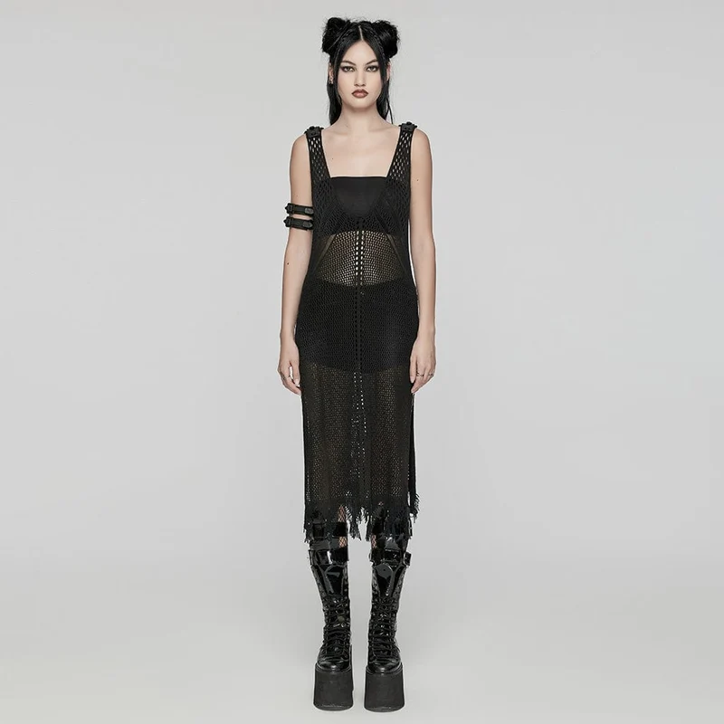 Damen Punk Tiefer Ausschnitt Ungesäumtes Mesh Flitterwochenkleid