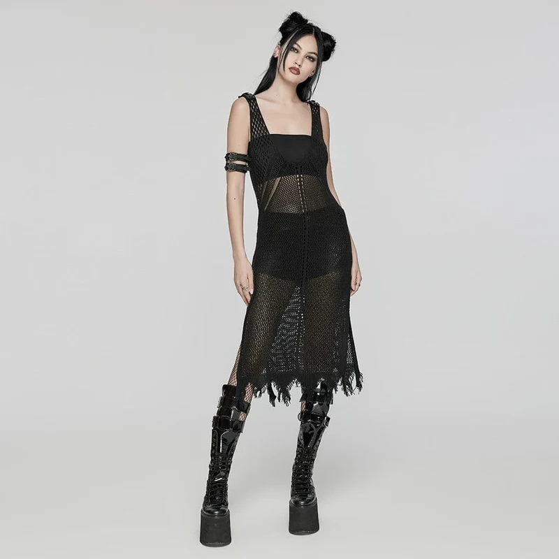 Damen Punk Tiefer Ausschnitt Ungesäumtes Mesh Flitterwochenkleid