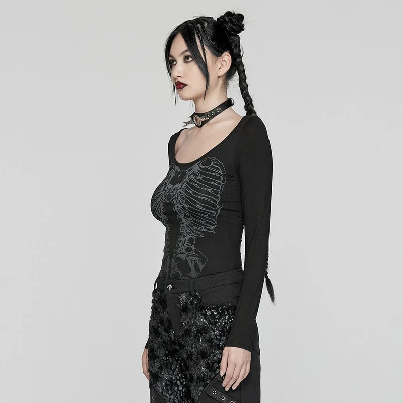 T-Shirt mit Gothic-Skelett-Aufdruck für Damen