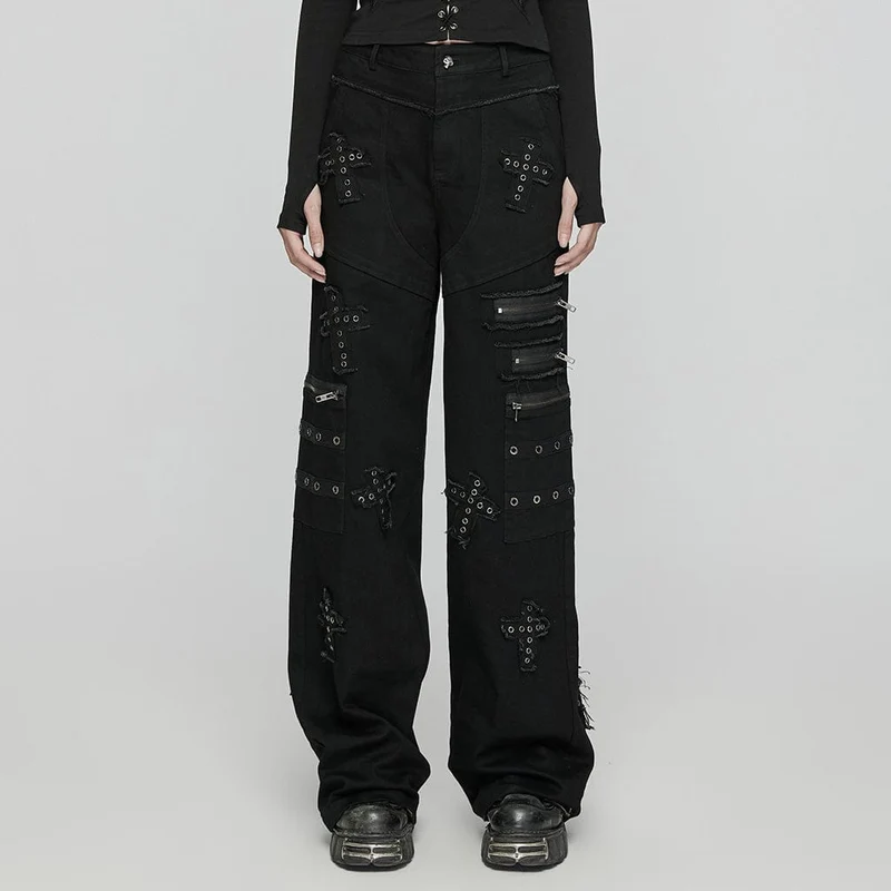 Damen Jeanshose mit Punk-Kreuz-Patch und großen Taschen