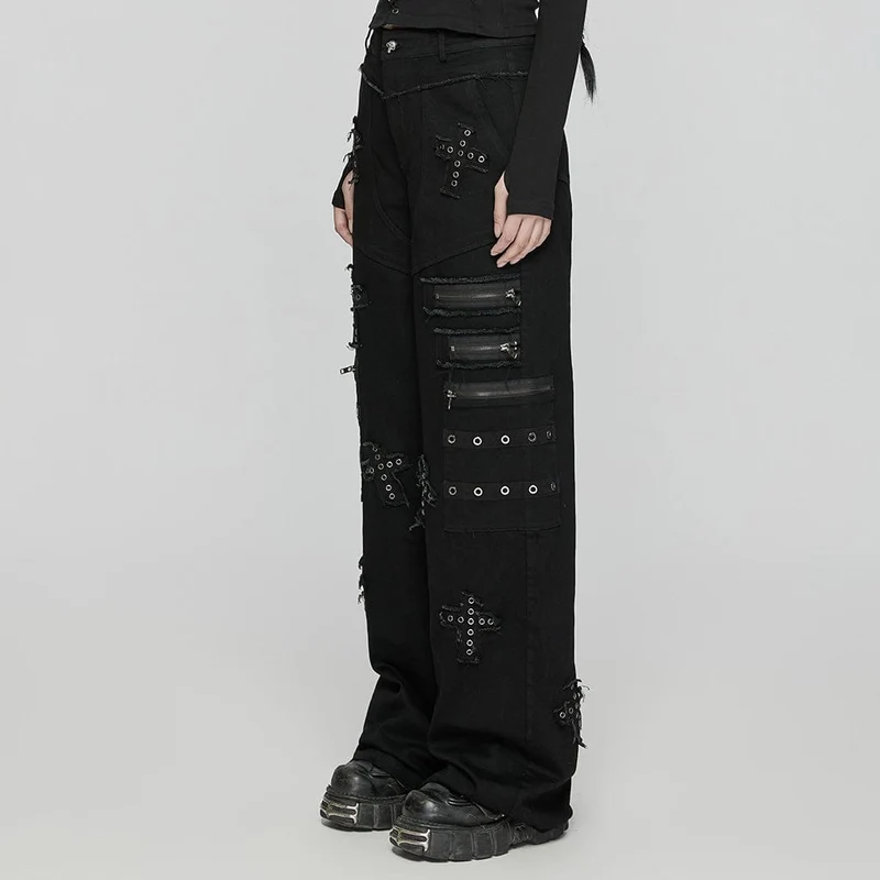 Damen Jeanshose mit Punk-Kreuz-Patch und großen Taschen
