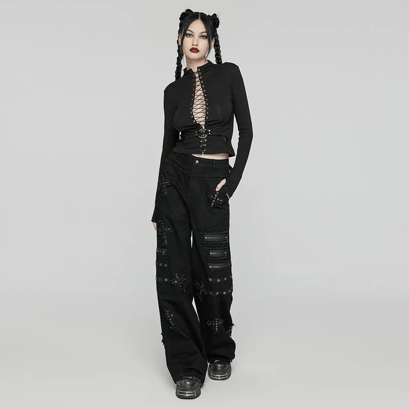 Damen Jeanshose mit Punk-Kreuz-Patch und großen Taschen