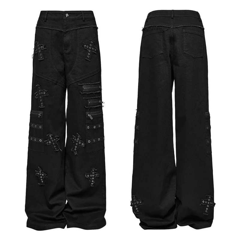 Damen Jeanshose mit Punk-Kreuz-Patch und großen Taschen