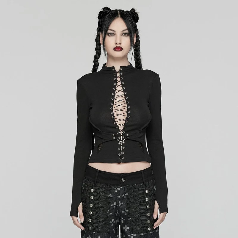 Punk-Blusen mit Schnürung und Netzstoff für Damen