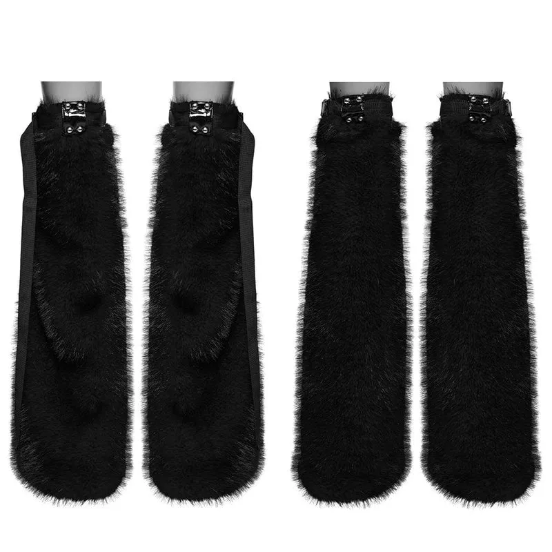 Damen Beinlinge mit Punk-Schnalle und Kunstpelz, Schwarz