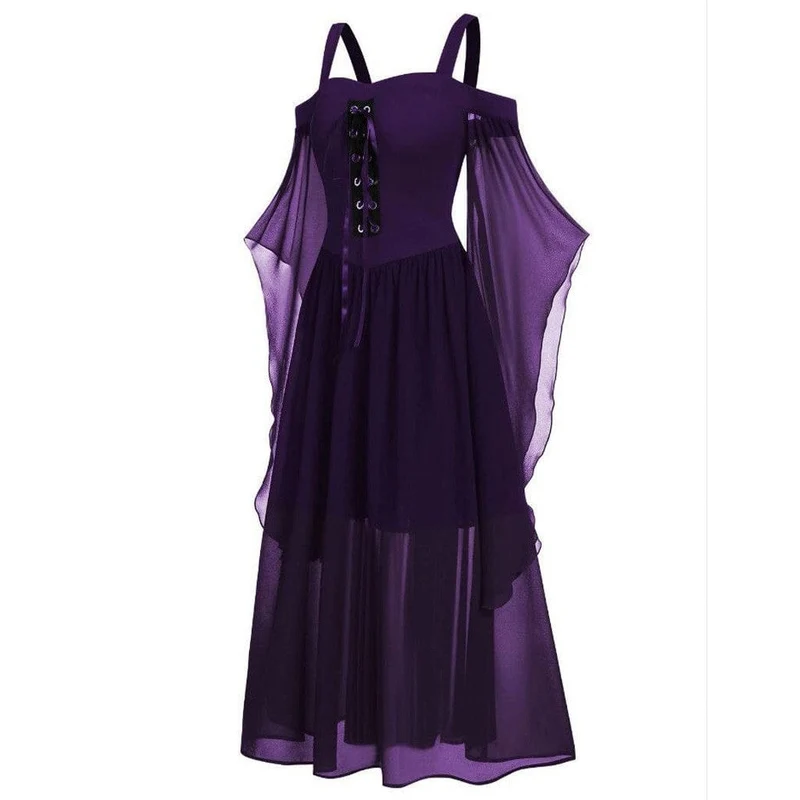 Gothic-Hexenkleid mit ausgestellten Ärmeln in Kontrastfarbe für Damen
