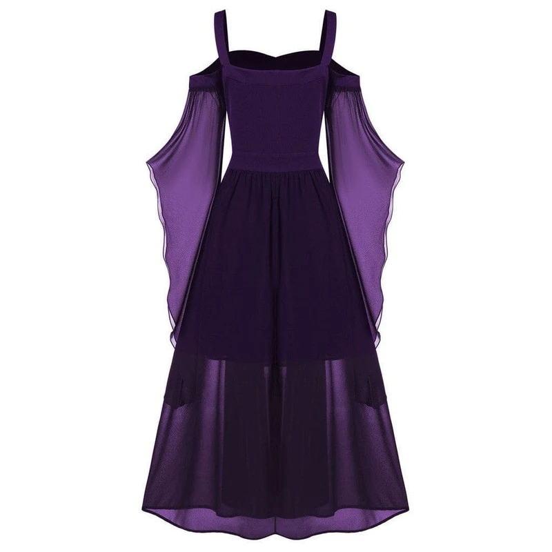 Gothic-Hexenkleid mit ausgestellten Ärmeln in Kontrastfarbe für Damen