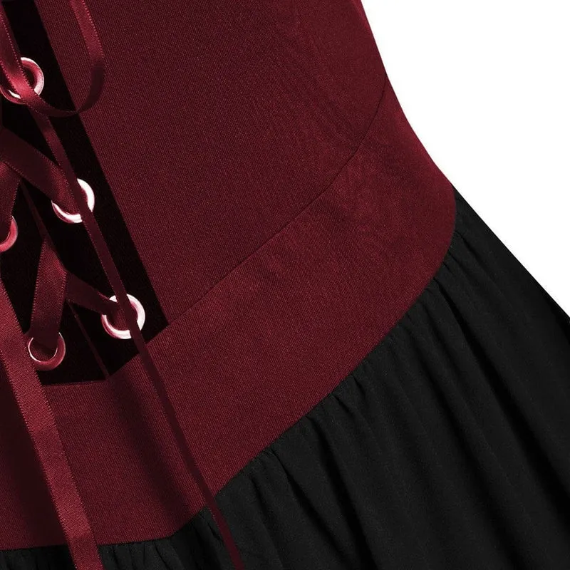 Gothic-Hexenkleid mit ausgestellten Ärmeln in Kontrastfarbe für Damen