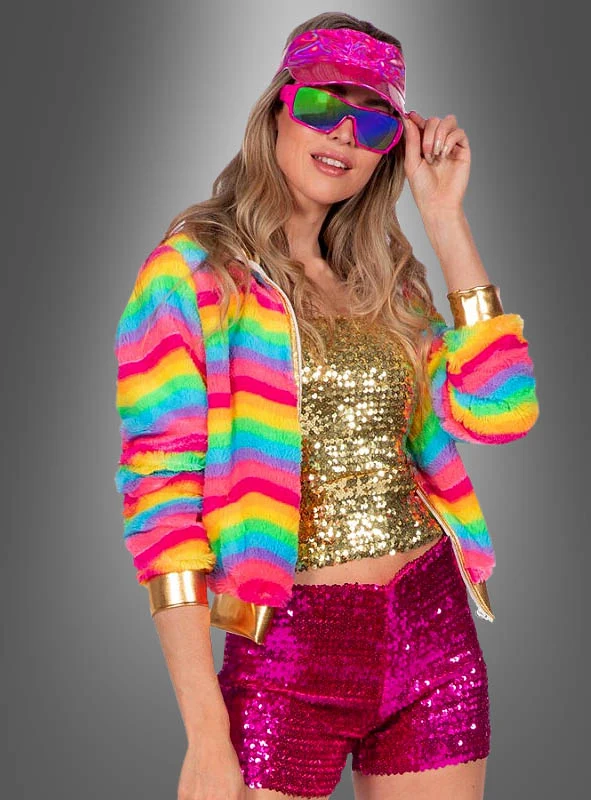 Kurze Plüschjacke Regenbogen