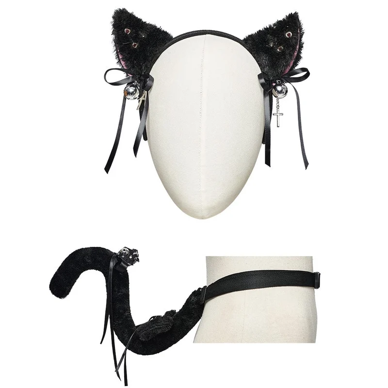 Flauschige Kopfbedeckung und Hüftgürtel im Punk-Stil mit Katzenohren für Damen