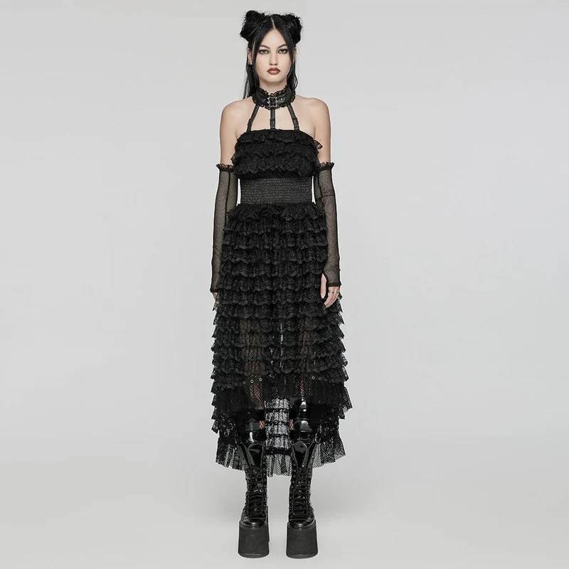 Damen Punk Neckholder Rüschen Spitze Partykleid Schwarz