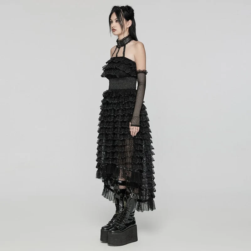 Damen Punk Neckholder Rüschen Spitze Partykleid Schwarz