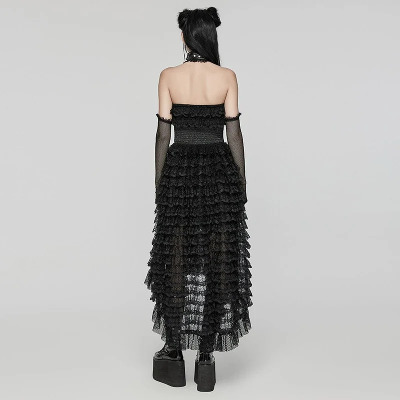 Damen Punk Neckholder Rüschen Spitze Partykleid Schwarz