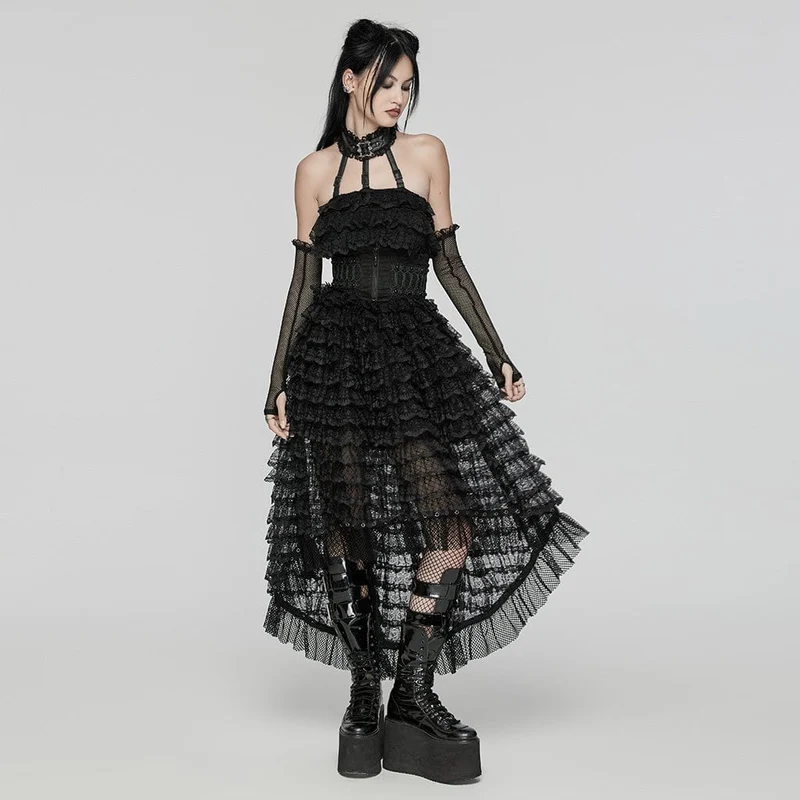 Damen Punk Neckholder Rüschen Spitze Partykleid Schwarz