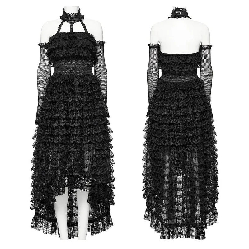Damen Punk Neckholder Rüschen Spitze Partykleid Schwarz