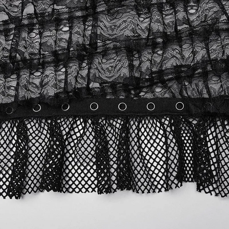 Damen Punk Neckholder Rüschen Spitze Partykleid Schwarz