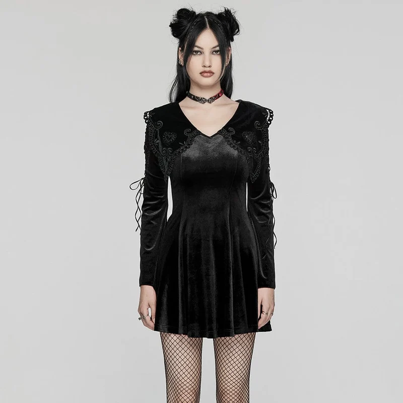 Schwarzes Gothic-Samtkleid für Damen mit Puppenkragen und Schnürung
