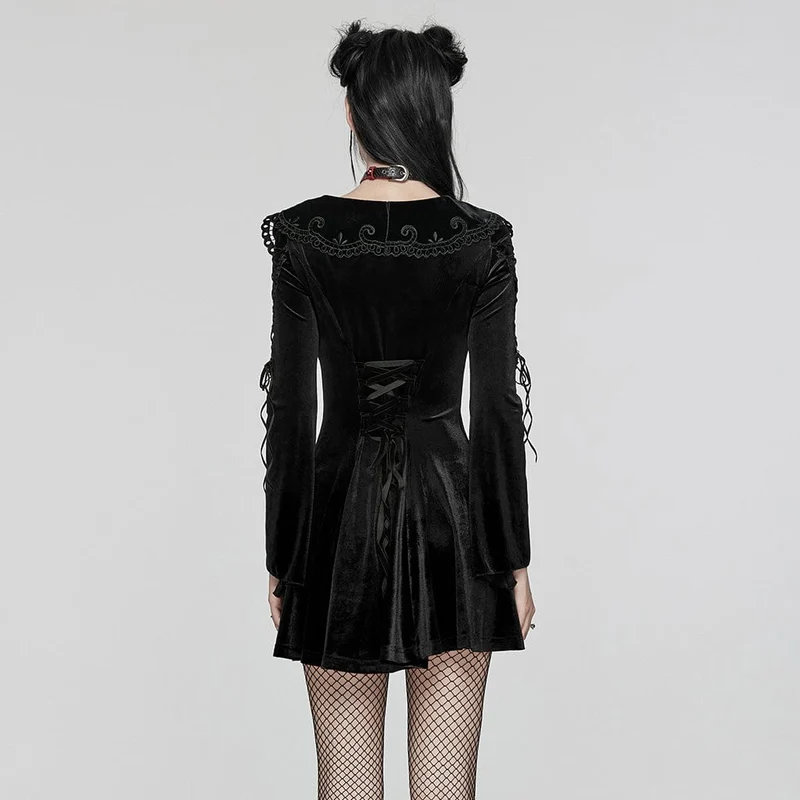 Schwarzes Gothic-Samtkleid für Damen mit Puppenkragen und Schnürung