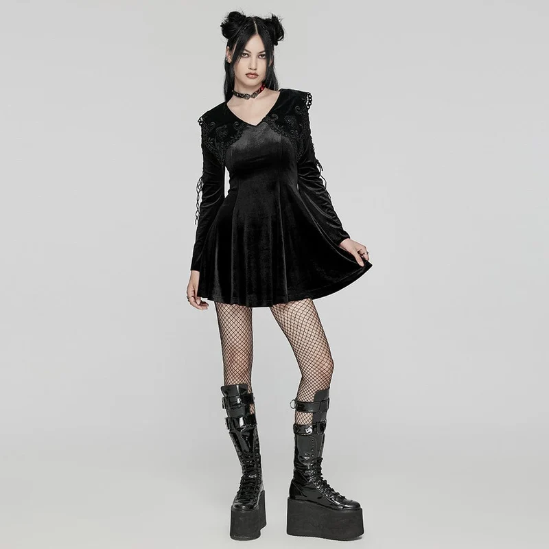 Schwarzes Gothic-Samtkleid für Damen mit Puppenkragen und Schnürung