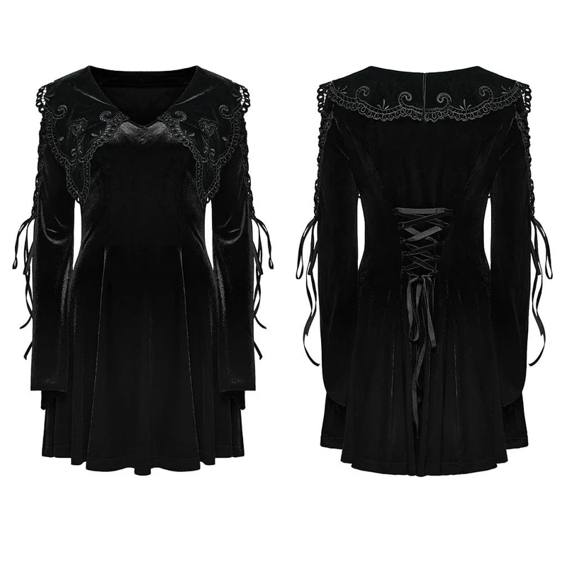 Schwarzes Gothic-Samtkleid für Damen mit Puppenkragen und Schnürung