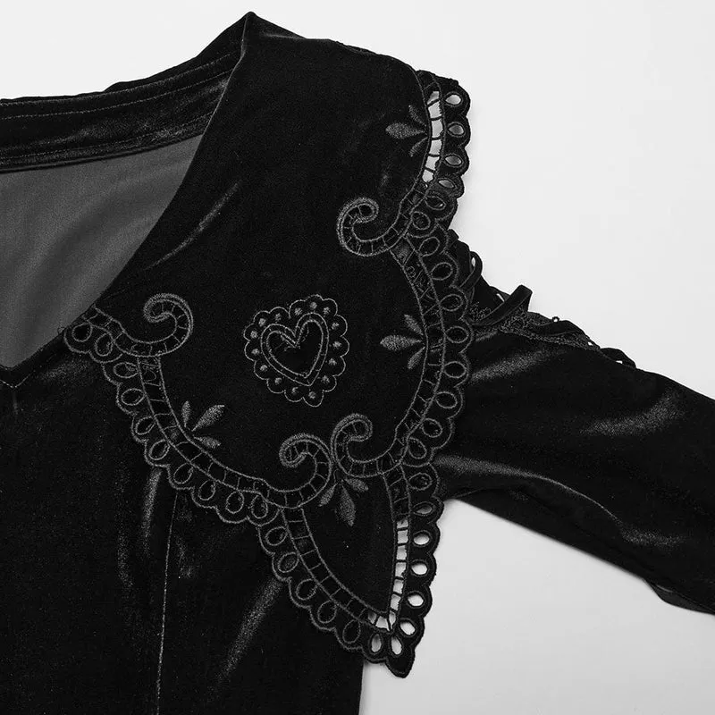 Schwarzes Gothic-Samtkleid für Damen mit Puppenkragen und Schnürung