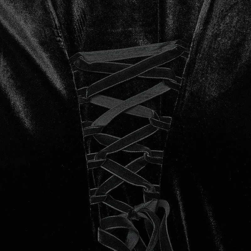 Schwarzes Gothic-Samtkleid für Damen mit Puppenkragen und Schnürung