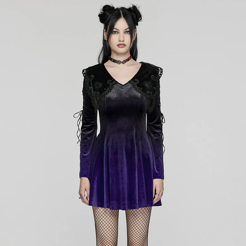Gothic Ballkleid mit Puppenkragen und Farbverlauf aus Samt für Damen, Violett