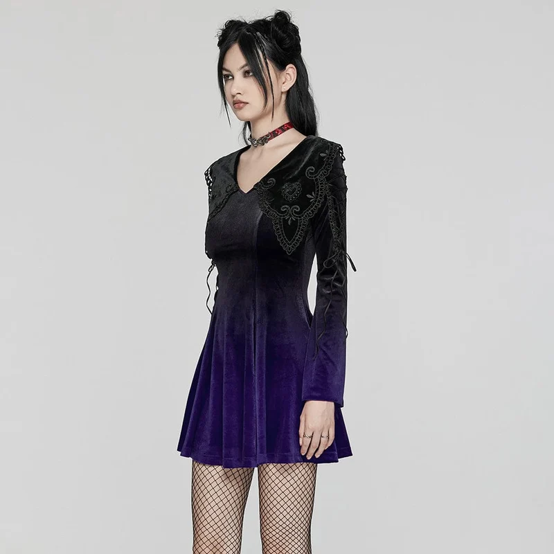 Gothic Ballkleid mit Puppenkragen und Farbverlauf aus Samt für Damen, Violett