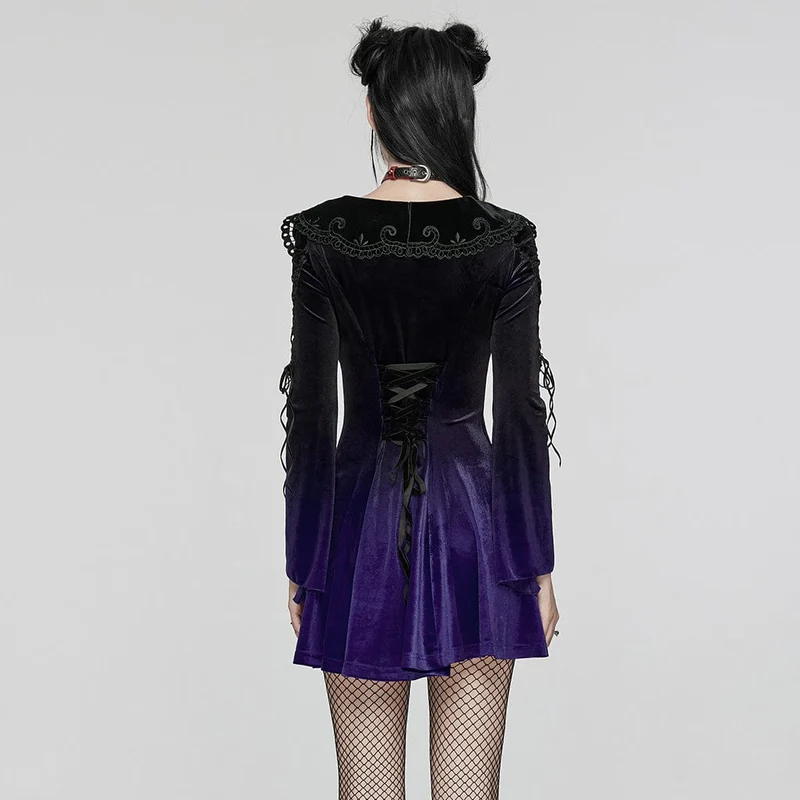 Gothic Ballkleid mit Puppenkragen und Farbverlauf aus Samt für Damen, Violett