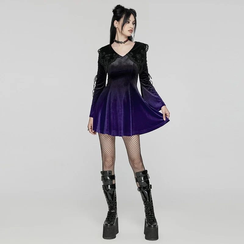 Gothic Ballkleid mit Puppenkragen und Farbverlauf aus Samt für Damen, Violett