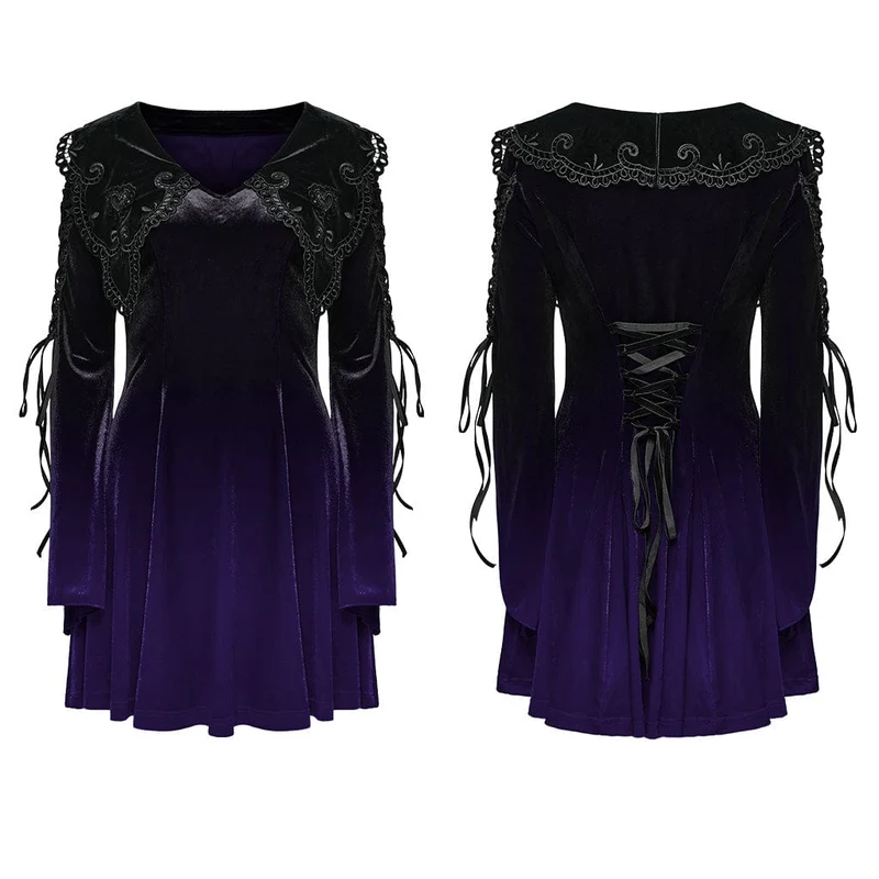 Gothic Ballkleid mit Puppenkragen und Farbverlauf aus Samt für Damen, Violett