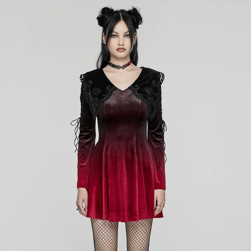 Gothic Ballkleid mit Puppenkragen und Farbverlauf aus Samt für Damen in Rot