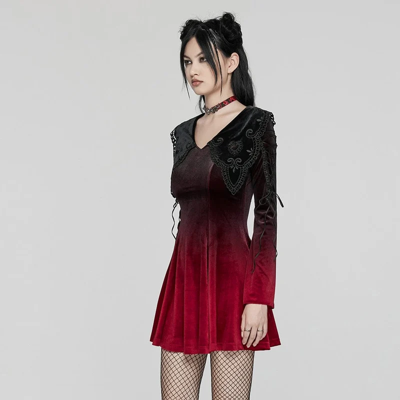 Gothic Ballkleid mit Puppenkragen und Farbverlauf aus Samt für Damen in Rot