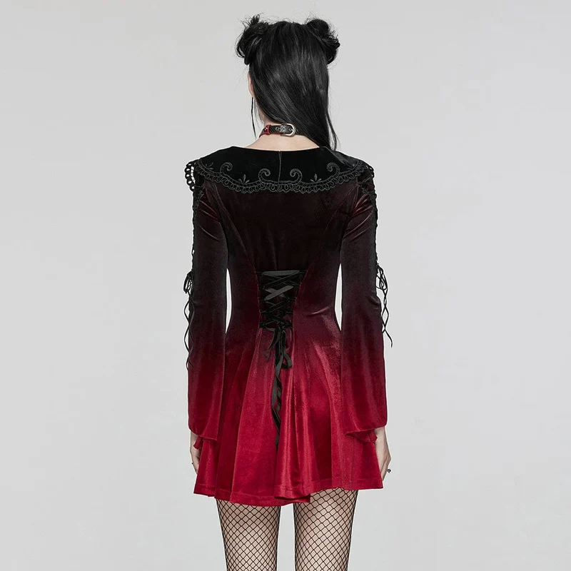 Gothic Ballkleid mit Puppenkragen und Farbverlauf aus Samt für Damen in Rot