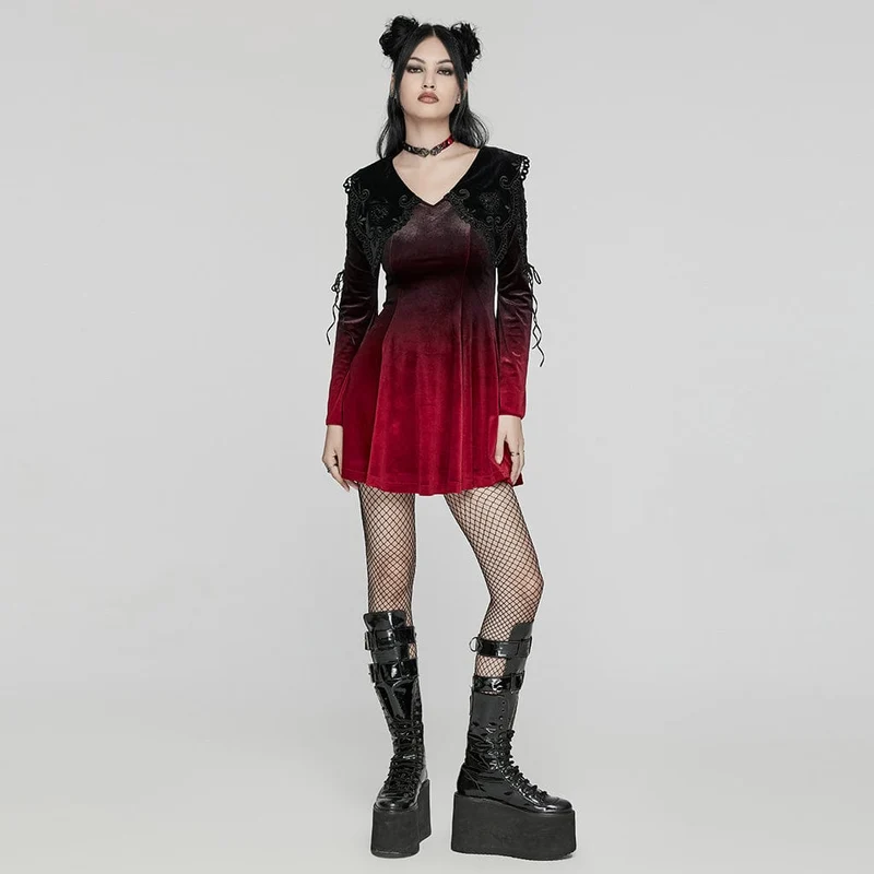 Gothic Ballkleid mit Puppenkragen und Farbverlauf aus Samt für Damen in Rot