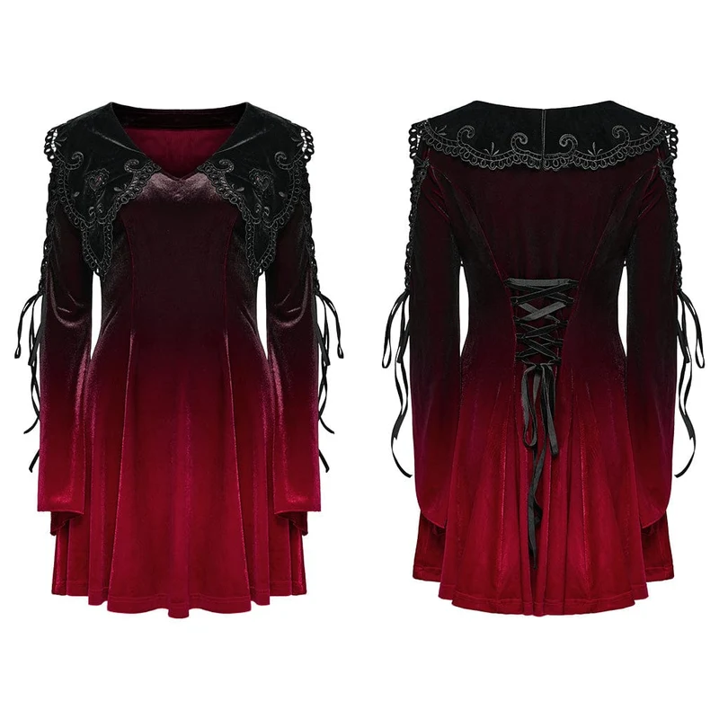 Gothic Ballkleid mit Puppenkragen und Farbverlauf aus Samt für Damen in Rot