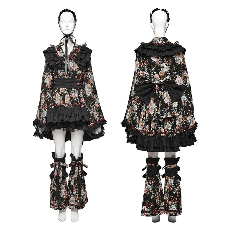 Lolita-Kimonokleid-Set mit Blumenmuster und Rüschen für Damen