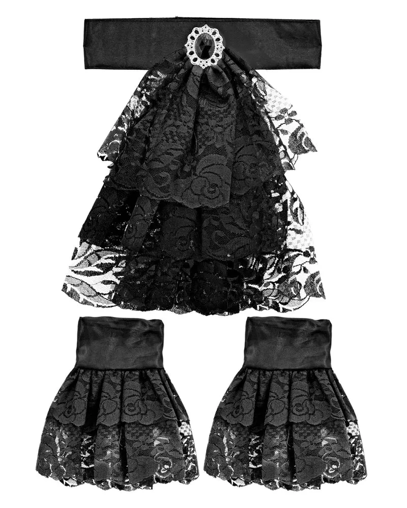 Schwarzer Jabot aus Spitze mit Edelstein & Manschetten