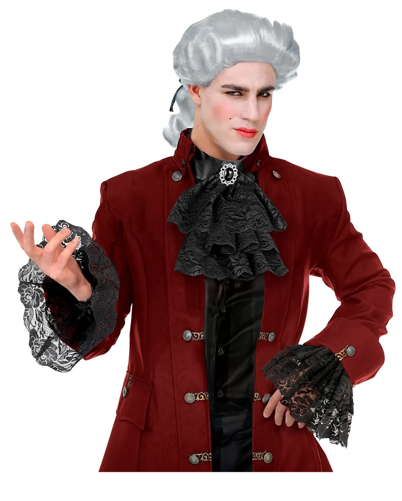 Schwarzer Jabot aus Spitze mit Edelstein & Manschetten
